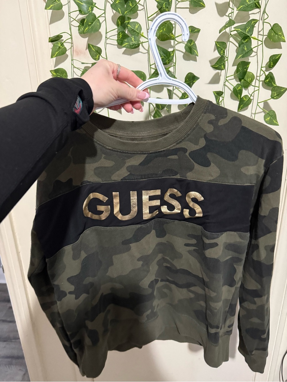 Guess Olive Green Camo Sweatshirt with Gold Logo